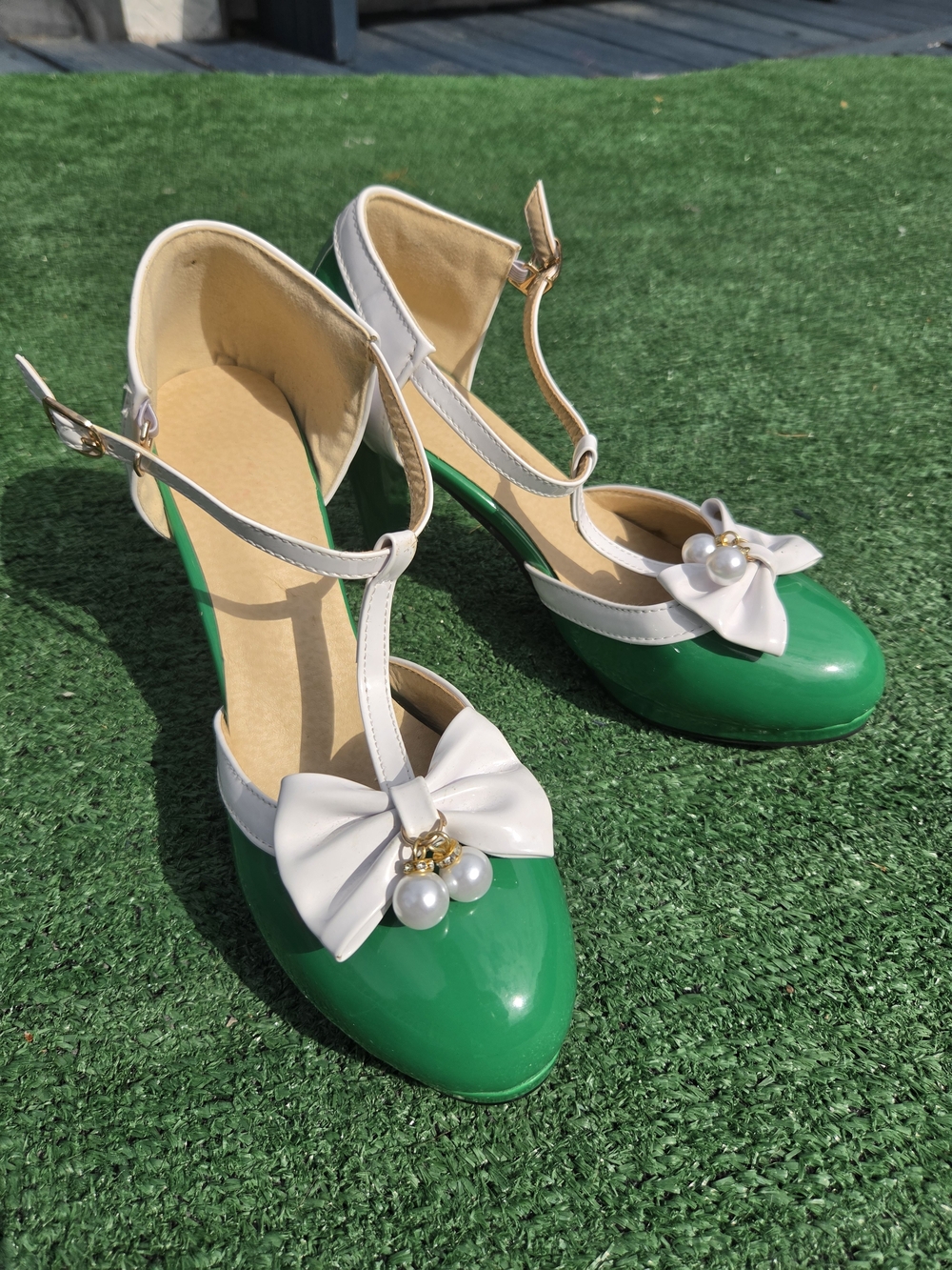 Green and White T-Strap Heels with Bow & Pearl Accent